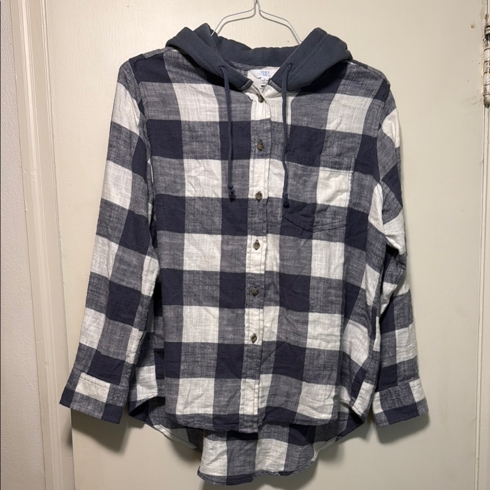 Time and Tru Blue and White Button Down Shirt with Hood